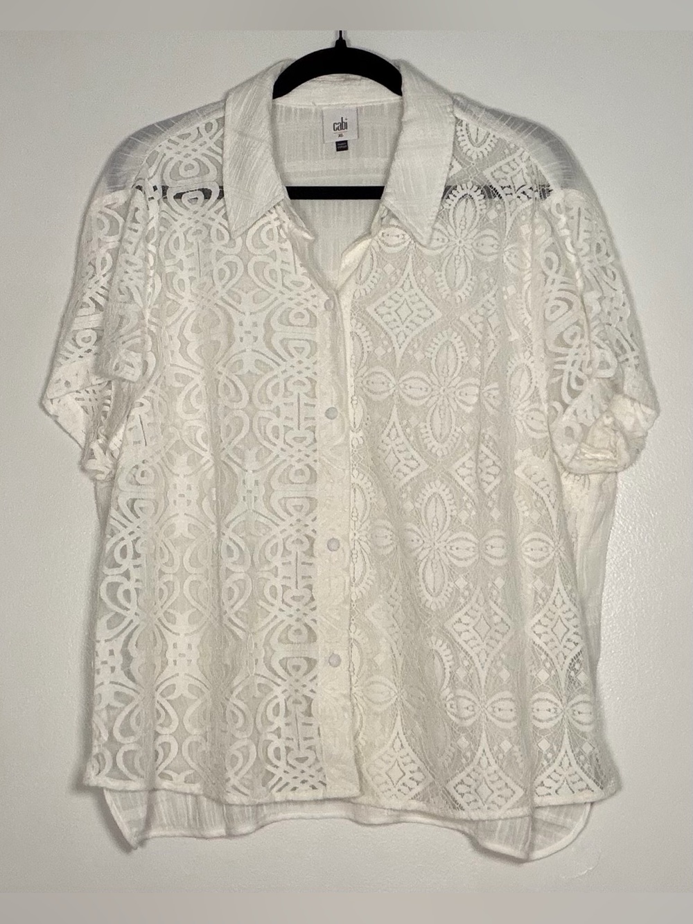 CAbi White Lace Button-Down Shirt